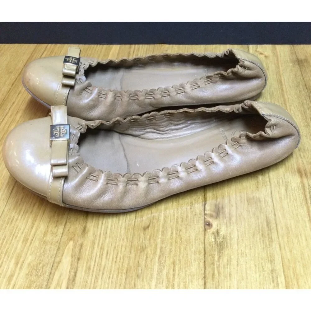 Tory Burch Tan Leather Eddie Bow Ballet Flats Women Size 6M Slip On Shoes